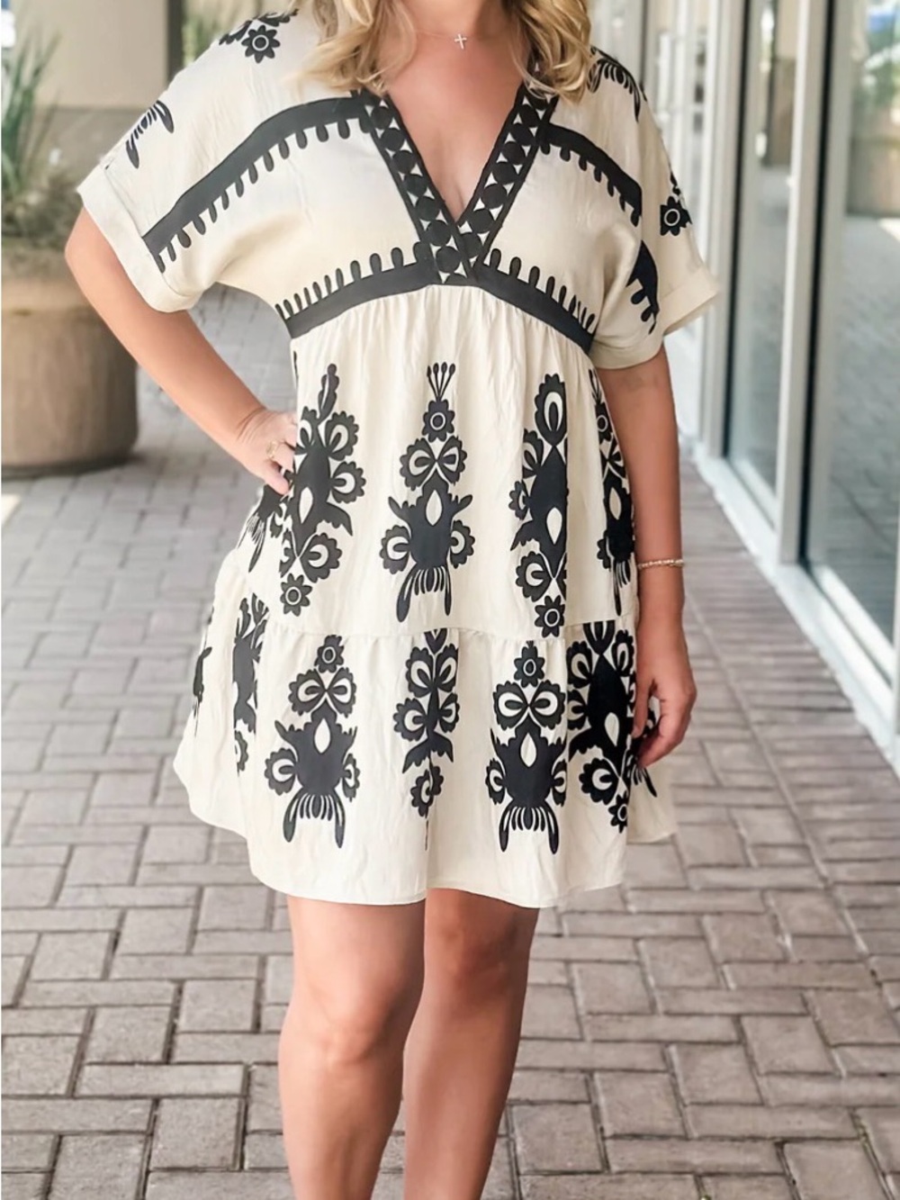 Very J Cream Mini Dress with Black Embroidery